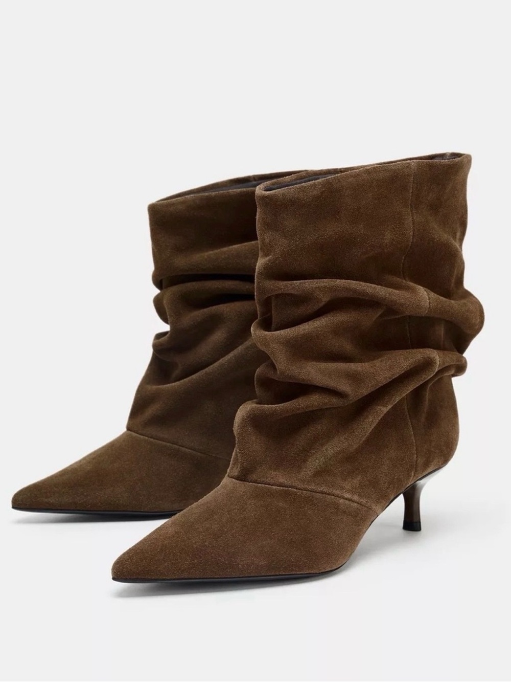 Zara Ruched Split Brown Suede Leather Slouch Ankle Boots 10